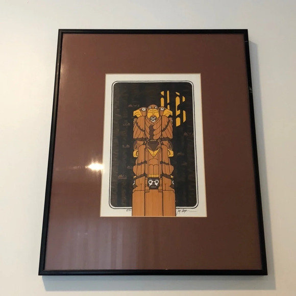 Indigenous totem Pole art print signed 1990  framed - Picture 8 of 8